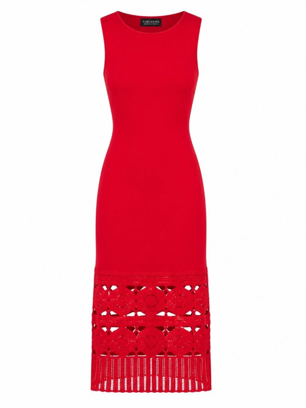 Adrianna Knit Crochet Trim Sleeveless Red Midi Dress NWT Cocktail Parties Dates